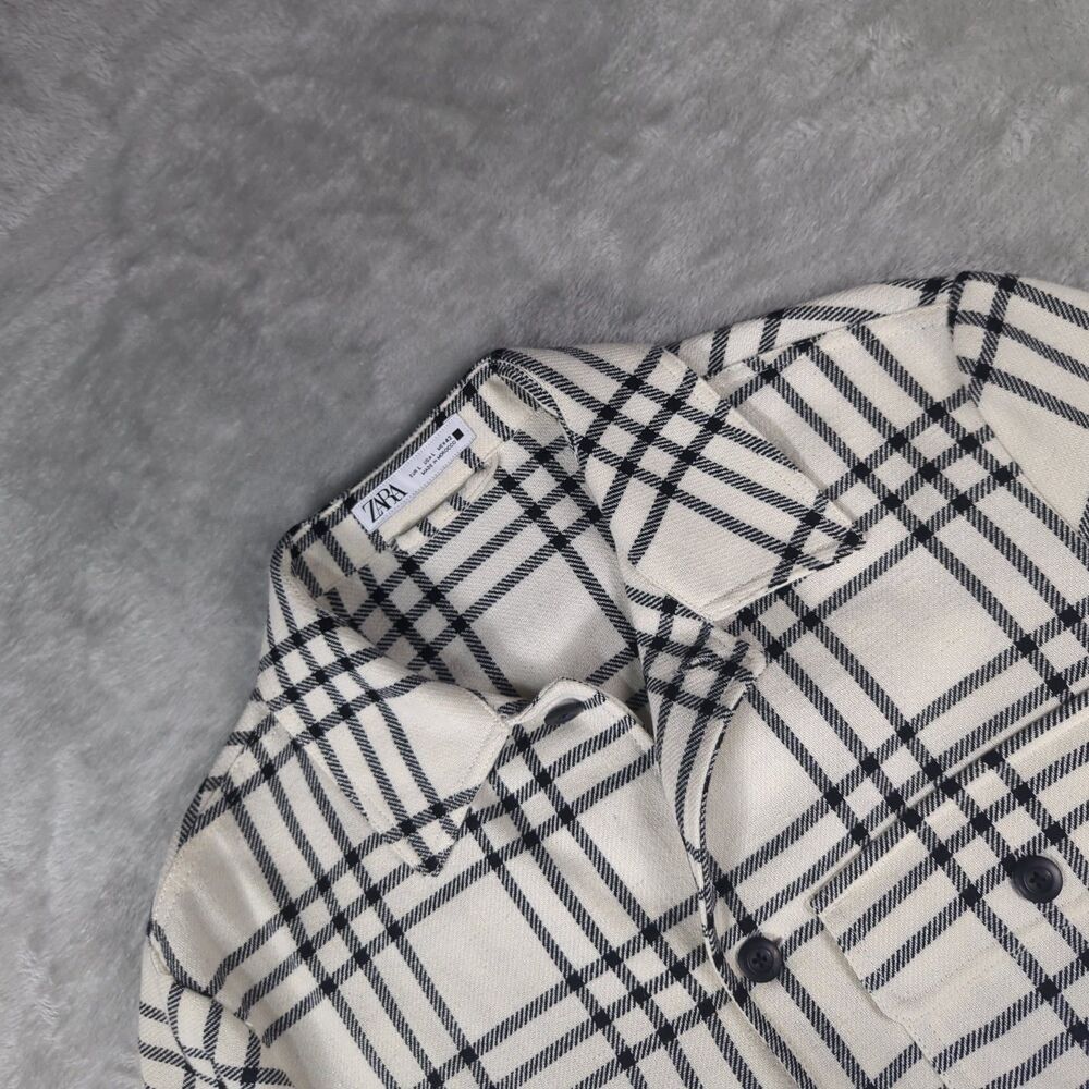 Zara Men Black Cream Plaid Check Overshirt Shacket Button Up Jacket Large L